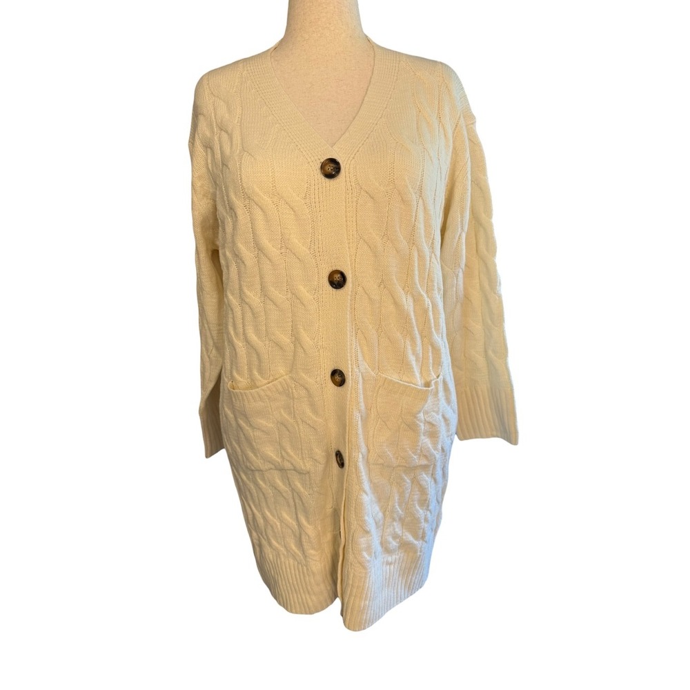 CUPSHE Womens Ivory Cable Knit Longline Button Front Cardigan Sweater M NEW